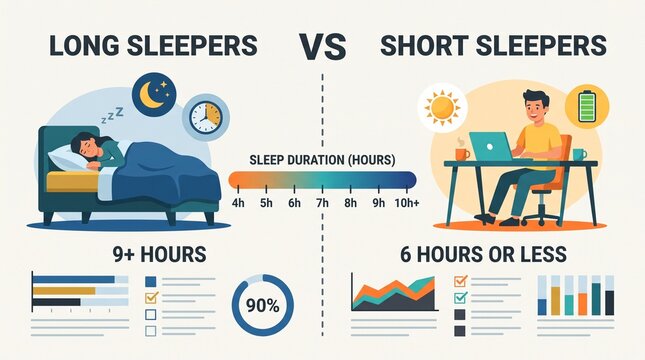 ロングスリーパーとショートスリーパーの比較 &mdash; 睡眠科学のインフォグラフィックイラスト
