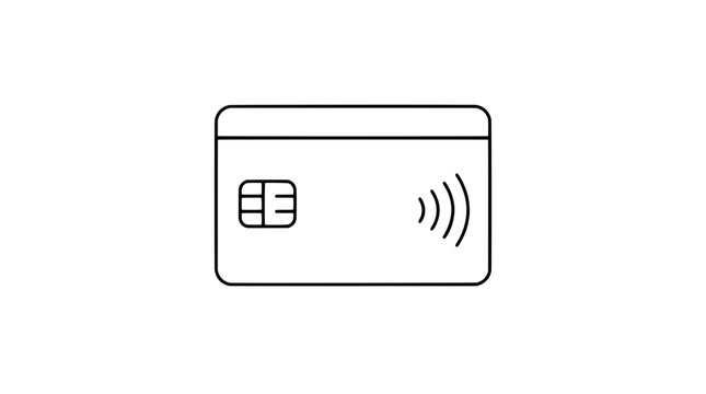 Hand-drawn debit card icon featuring contactless payment waves and embedded chip, minimalist black outline vector illustration for banking and financial transaction concepts