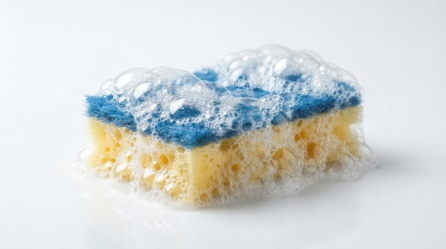 Cleaning sponge with soapy bubbles on white background.