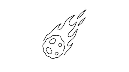 Falling Meteorite Rock with Burning Fire Trail Vector Icon Illustration - Hand Traced Black Line Drawing of a Flaming Space Rock with Craters Falling from the Sky - detailed commercial stock imagery © Madison