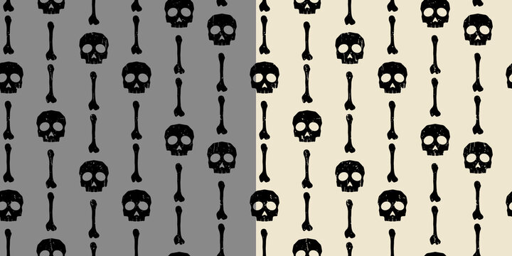Vintage Black Skull and Bones Seamless Pattern, Halloween Background