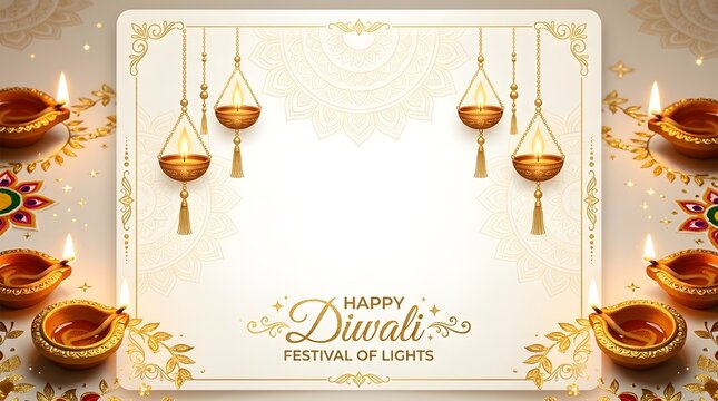 Happy diwali festival of lights greeting card with oil lamps