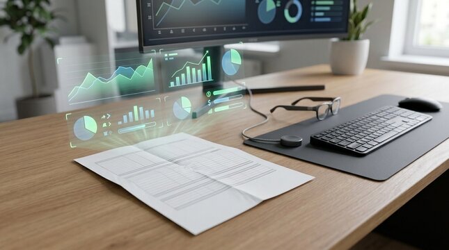 AR desk with folded revenue accrual worksheet &ndash; Accounts Receivable Concept, workplace still life for financial services and accounting