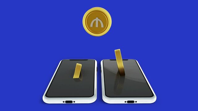 3D animation of Azerbaijani manat coins falling into smartphone screens on a blue background, representing digital mobile payments, e-commerce transactions, and modern fintech banking systems.