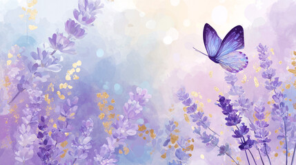 Fototapeta premium watercolor botanical butterfly and flowers texture template background. Design for wedding, vip cover, poster, rsvp moderncard.Valentine's Day 