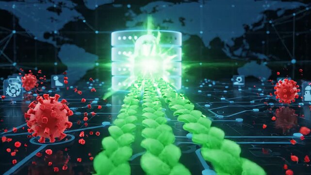 Digital green malware virus particles attacking secure server icon with glowing padlock against global network map background in conceptual representation of sophisticated cyber attack