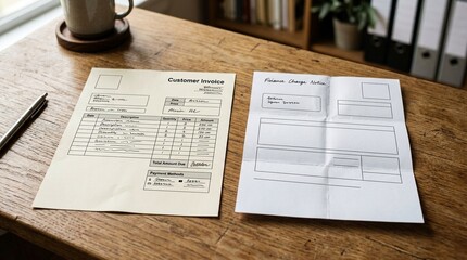 Obraz premium Customer invoice beside a folded finance charge notice – Invoice Management Concept, workplace still life for financial services and accounting