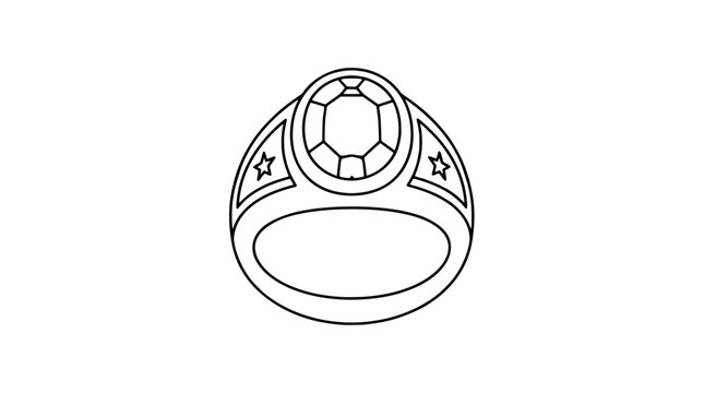 Hand-drawn black and white vector illustration of a classic graduation class ring with faceted stone gem centerpiece and star accents on sides, academic achievement symbol