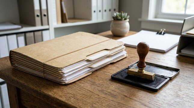 Invoice batch routing folder beside a stamp &ndash; Invoice Management Concept, business documentation concept, no people