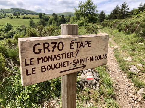 Panneau en bois balisant une &eacute;tape du sentier de grande randonn&eacute;e GR70 de Stevenson entre Le Monastier et Le Bouchet-Saint-Nicolas.


