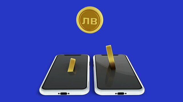 3D animation showing gold Bulgarian lev (ЛВ) coins falling into two smartphone screens on a dark blue background, representing mobile banking, digital payment, and electronic money transfer.   