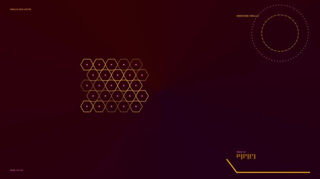 Complex lattice dynamics reveal hexagonal geometric arrangements shimmering within a dark deep purple space featuring glowing circular data radar elements and small illuminated golden grid nodes