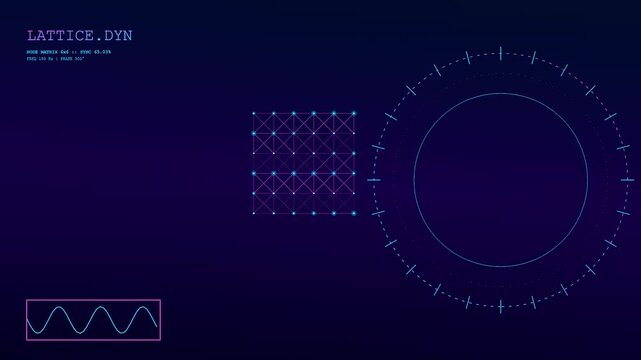 Lattice dynamics displayed through a glowing geometric grid with rotating circular dials and oscillating wave patterns on a dark blue digital interface screen display animation