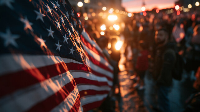 American Flag Waving Before Blurred Crowd at Evening Rally