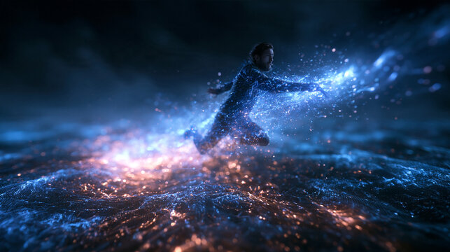 Man Teleporting at High Speed Through Glowing Energy Particles