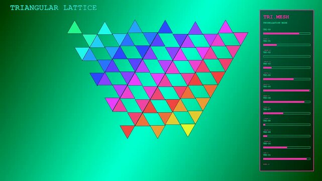 Lattice dynamics displayed through a geometric progression of shifting triangles and glowing interface bars across a vibrant green screen with fluid animation motion flow patterns