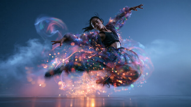 Contemporary Dancer Leaping in Mid-Air with Glowing Light Effects