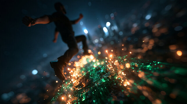 Silhouette of Man Jumping Across Glowing Digital Circuit Surface