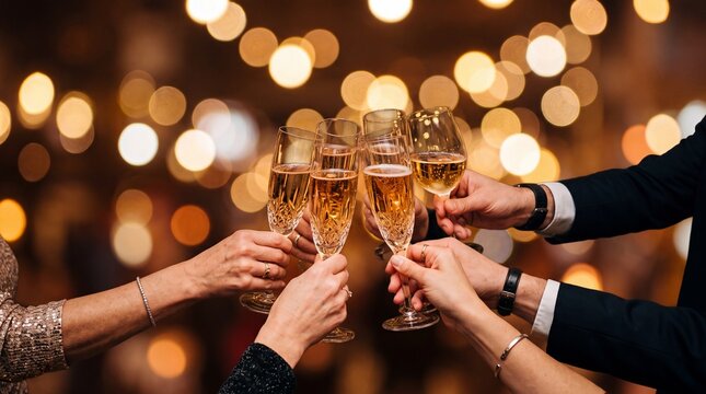 Friends Toasting with Champagne Glasses at Evening Celebration