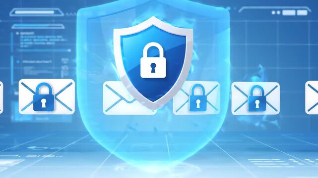 protective shield icon secures digital email envelopes floating in front of blue virtual data interface with glowing lines and technical grids representing secure online communication systems