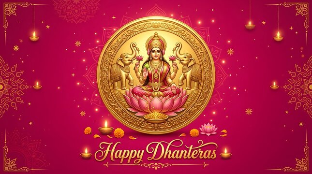 Happy dhanteras greeting with goddess lakshmi and golden coins