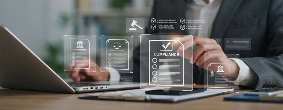 Lawyer working on laptop reviewing compliance documents and legal regulations for business.
