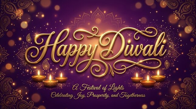 Happy diwali greeting card with golden diya lamps and paisley