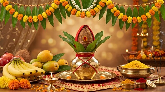 Traditional indian kalash setup for hindu festival puja ceremony