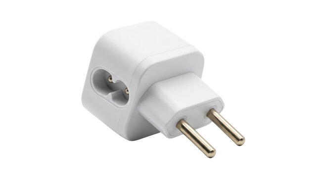 Universal travel adapter plug, white European power converter for electronics, portable electrical socket connector isolated on white background