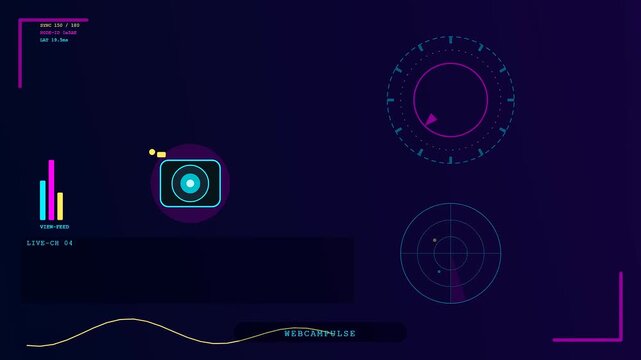 Digital livestream telemetry interface displaying rotating radar circles with camera icons and bar charts within a dark blue virtual surveillance environment on a computer screen