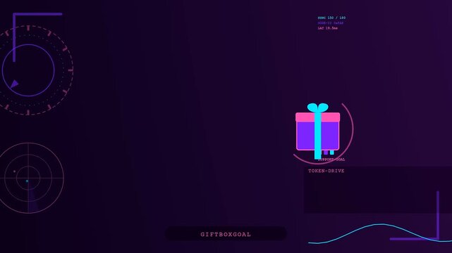 Digital gift box icon animated with livestream telemetry interface elements displaying evolving metrics over a dark purple aesthetic background during a virtual event broadcast sequence