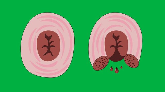 Medical vector animation displaying an anatomical cross-section comparison between an intact anal sphincter and a disrupted muscle ring causing leakage, highlighting fecal incontinence