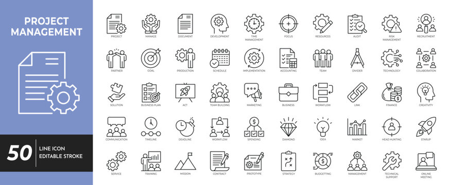 Project management icon set. Containing project, management, plan, strategy, task, work, and more. editable stroke