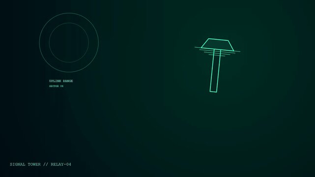 Digital livestream telemetry interface displaying a rotating radio tower vector animation with circular radar rings glowing in dark teal color for modern monitoring control systems
