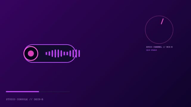 Digital livestream telemetry interface features pulsating audio wave signals inside a dark violet studio console environment displayed as rhythmic moving frequency patterns on a futuristic screen