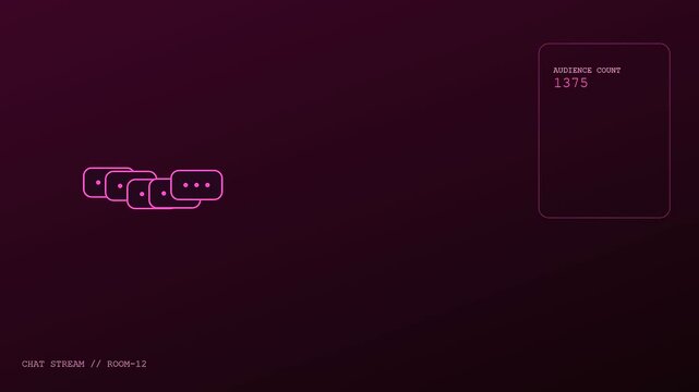 Digital displays showing a flickering livestream telemetry feed with shifting audience counts and chat bubble notification symbols rendered in a stark monochromatic violet color scheme palette
