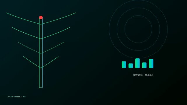 Digital graphics representing a livestream telemetry interface with animated signal strength bars and glowing antenna node structures pulsating in a rhythmic sequence on dark display screens