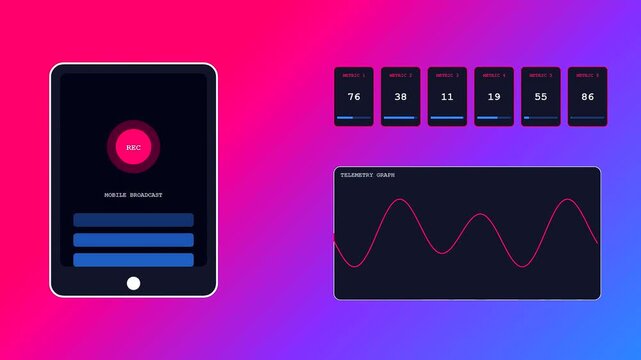 Monitoring a professional livestream telemetry interface with fluctuating data metrics and animated sine wave graphs displayed on a mobile device screen during a digital broadcast session