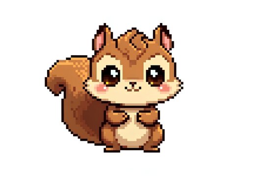 Cute pixel art squirrel character with big sparkly eyes and a bushy tail for retro games
