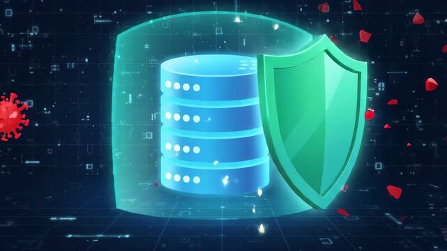 glowing green shield protecting central database server from attacking red coronavirus pathogens against dark digital matrix background representing cybersecurity during viral health crisis