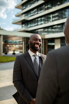 Smiling businessman talking outside modern office building