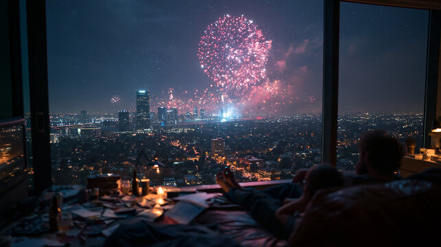 Couple Watching Fireworks Over City Skyline from Cozy Apartment