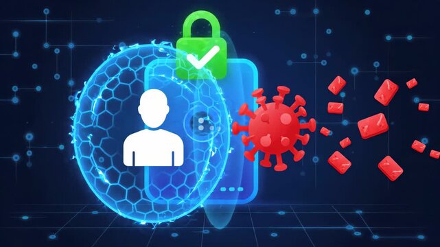 Digital user profile icon protected by secure shield and padlock representing data privacy on virtual interface with glowing network connection lines flowing in the dark background