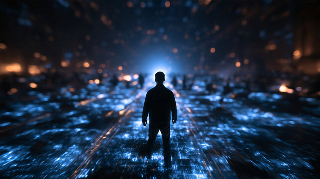 Silhouette of Man Standing in Futuristic Cyberspace Data Network
