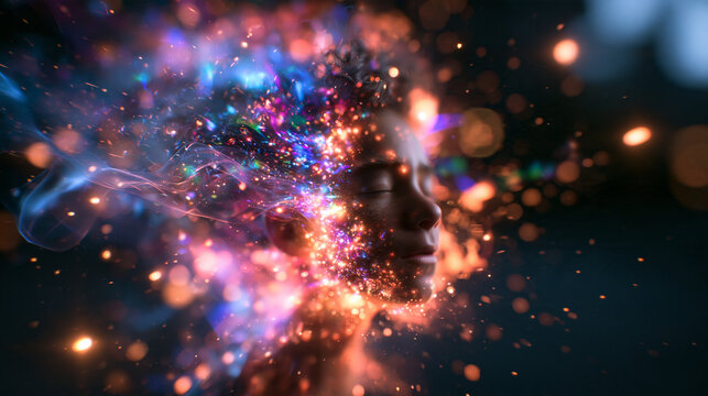 Profile of Human Face Dissolving in Glowing Cosmic Light