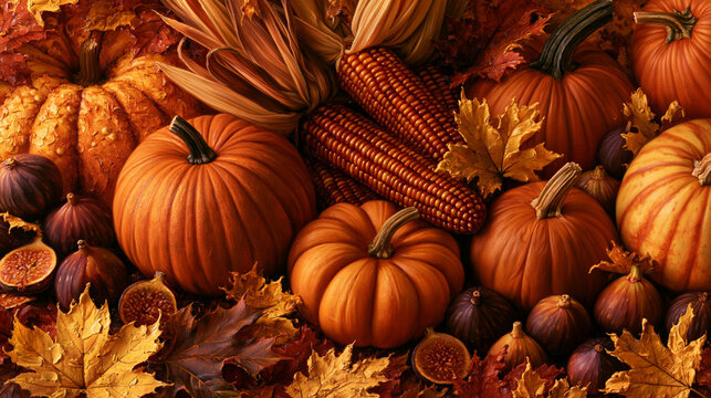 Thanksgiving Harvest Composition with Pumpkins Corn and Autumn Leaves