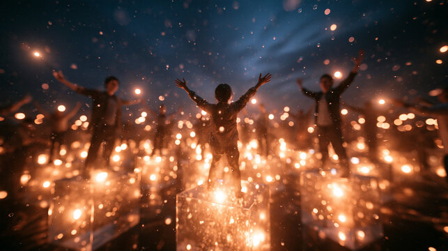 Silhouette of Person Celebrating Among Glowing Lights and Crowd