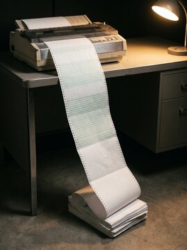 Dot matrix printer feeding paper onto floor under desk lamp