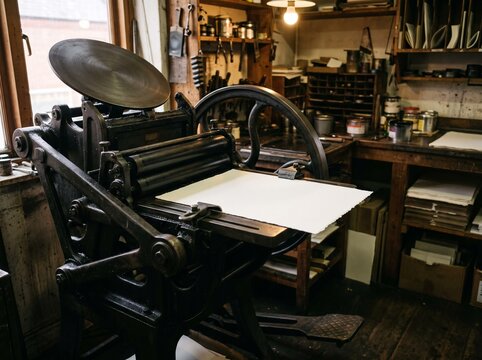 Antique printing press with blank paper in old print shop