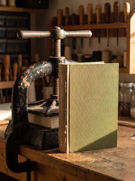 Blank green cloth book in cast iron press in bindery